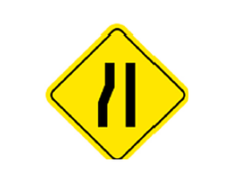 Road narrows on the left — Alberta road-signs road sign for Class 7 test